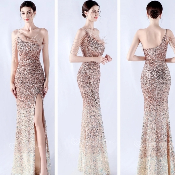 Gold One Shoulder Sleeveless Gown for Prom - Picture 1 of 15